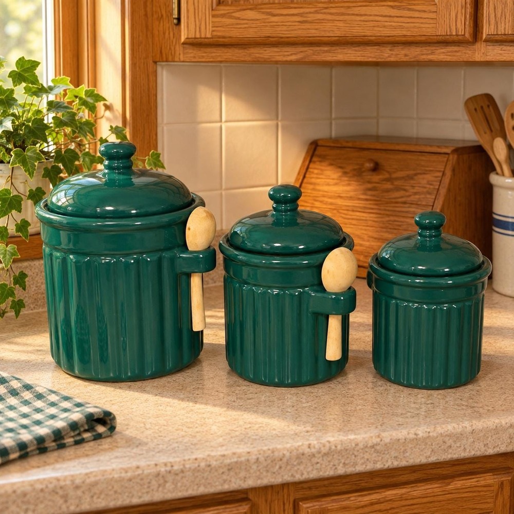 Forest Green Ceramic Canister Set of 3 with 2 Wooden Spoons Ribbed Kitchen